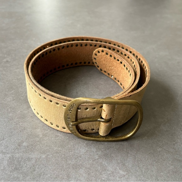 Calvin Klein Women’s Genuine Leather Gold Distressed Belt Adjustable up to 37” - Picture 1 of 12
